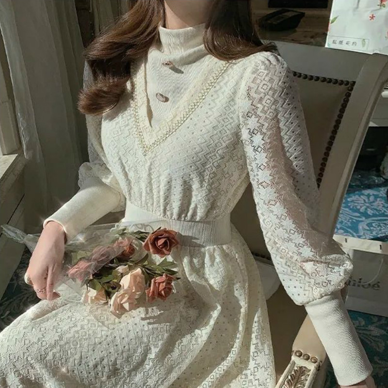 French Lace Party Dress Women Casual Long Sleeve Elegant Vintage Dress Female Spring Fairy Lace Dress Korean 210521