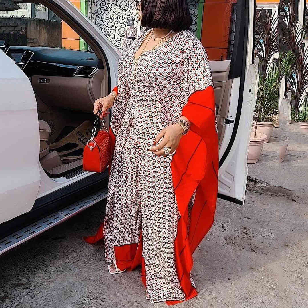 African Ladies 2 Pieces Sets Long Blouse & Wide Leg Pants Geometric Print High Waist Fashion Elegant Evening Party Matching 210510