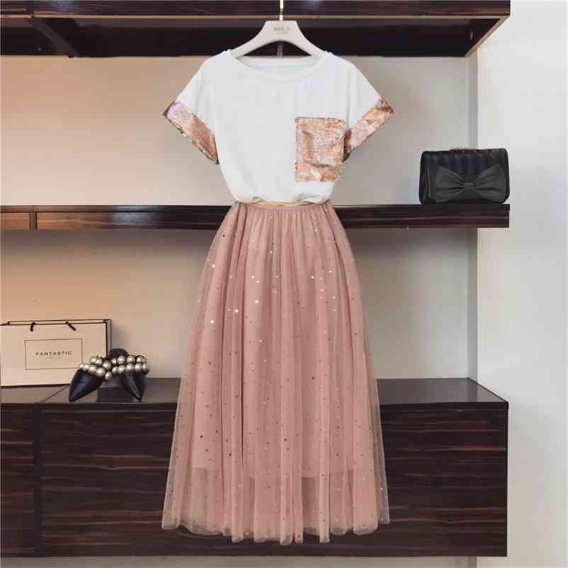 in stock Summer Women Short Sleeve Sequined Pocket T-shirt + Mesh Beautiful Skirt Two-piece sets Female Set suits A878 210519
in stock Summer Women Short Sleeve Sequined Pocket T-shirt + Mesh Beautiful Skirt Two-piece sets Female Set suits A878 210519