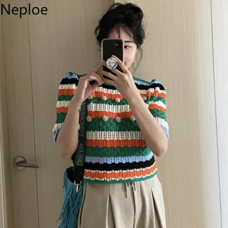 Neploe Knit Cropped T Shirt Women Summer Shirt Hollow Out Contrast Color Striped Tees Korean O Neck Pullover Short Sleeve Tops 210422