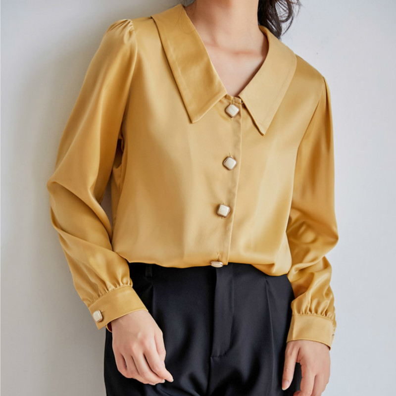 Blouses for Women's Autumn Yellow Peter Pan Collar Long Sleeve Solid Single-breasted Chiffion Shirts Female 210514