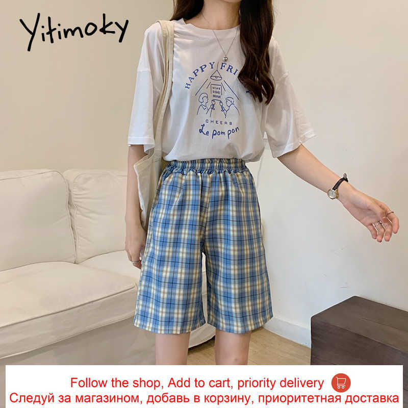 Bermuda Shorts Women Vintage Plaid High Waisted Shorts Woman Summer Blue Black Short Shorts Back Elastic Waist Checkerboard 210611