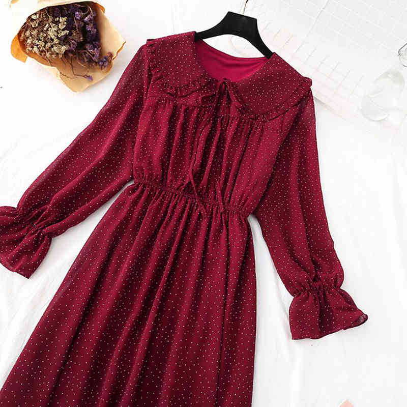 Sweet Polka Dot Printed Chiffon Dress Women Vintage A-line Flare Sleeve Doll Collar Ruffled Dresses Spring Summer Dress 210521
