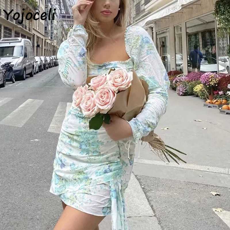 Yojoceli floral print puff sleeve dres party club irregular hem boho beach mini 210609
