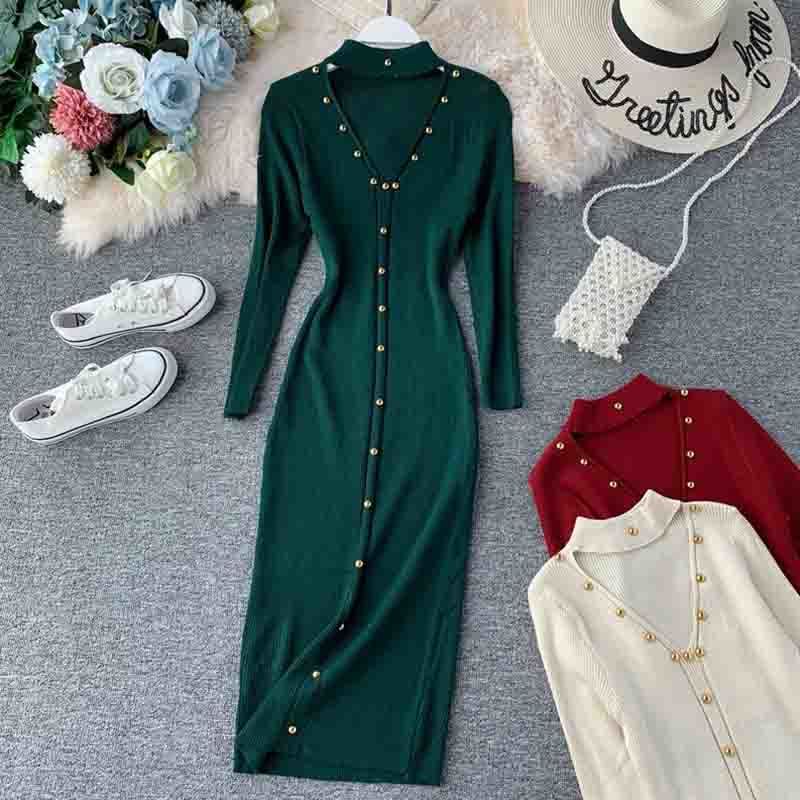Autumn Winter Long Sweater Dress Women Long Sleeve Halter V-neck Sexy Knitted Dress Elastic Slim Bodycon Dress Robe Femme 210521, Navy blue
Autumn Winter Long Sweater Dress Women Long Sleeve Halter V-neck Sexy Knitted Dress Elastic Slim Bodycon Dress Robe Femme 210521, Navy blue