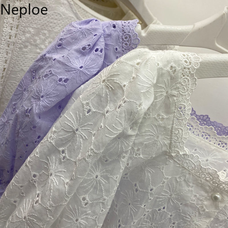 Neploe Women Blouse Embroidery Lace Square Collar Pearl Button Shirt Summer Vintage Tops Hollow Out Casual White Blusas Mujer 210422