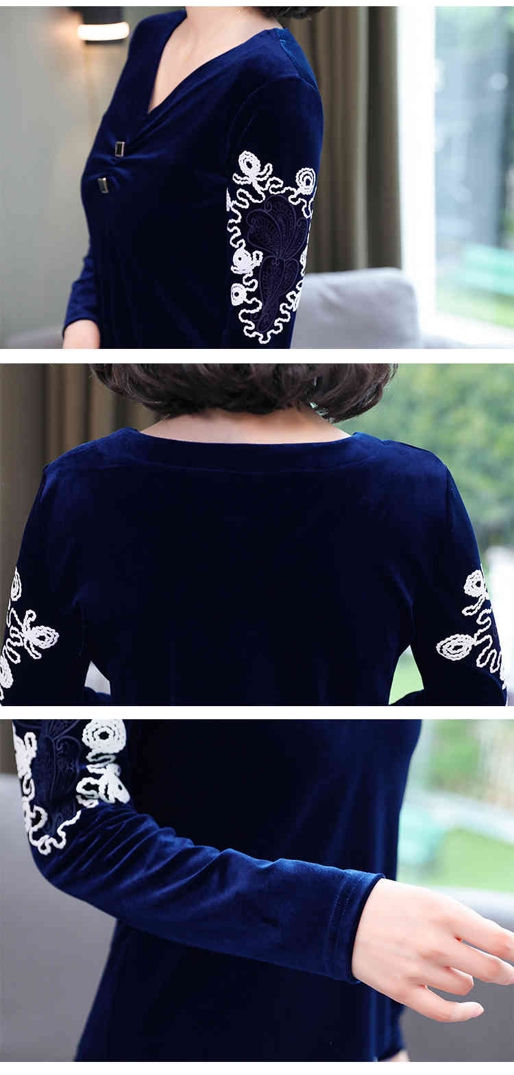 Womens clothing Black Korean V-neck Printed velvet Velour Long Sleeve Embroidery Blusas Top Women Blouse Shirts 827A 210420