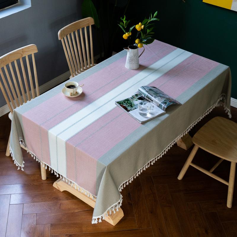 Home Striped Linens Cotton Tablecloth Tassel Protection Table Dinner Party Embroidered Banquet Cover Decorations Cloth