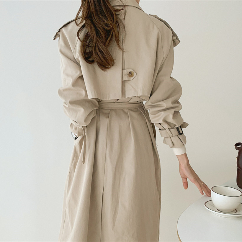 High Quality Minimalist Classic Lapel Double-breasted Long Trench Coat Autumn OL Elegant Loose Windbreaker 210421