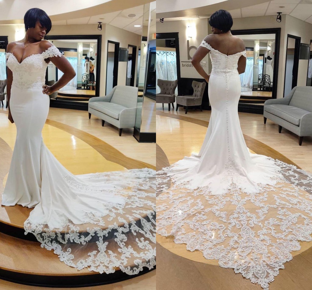 Ebi Arabic Aso Plus Size Sexy Simple Mermaid Wedding Dress Bridal Gowns Lace Applique Deep V Neck Beaded Off Shoulder Open Back Boho Court Train Forma