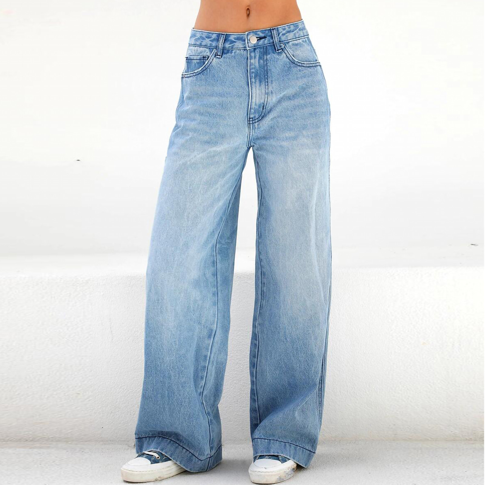 Light Blue Denim Trousers Vintage Wide Leg Pants Women Korean Straight Long Pants High Waist Casual Loose With Belt Summer Clot