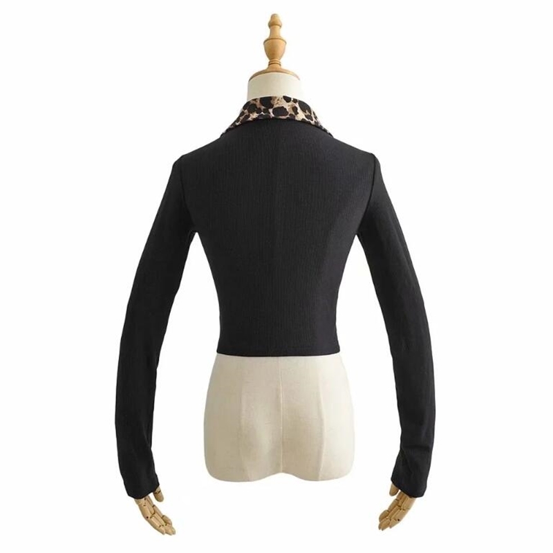 Y2K Stylish Black Leopard Lapel Patchwork Cropped Long Sleeve T-shirt Crop Top Chic Woman Slim Fit t shirt Basic tee 210429