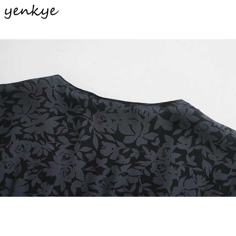 YENKYE Vintage Floral Print Long Dress Women V Neck Lantern Sleeve Slim A-line Sexy Slits Elegant Party Dress Vestido 210515