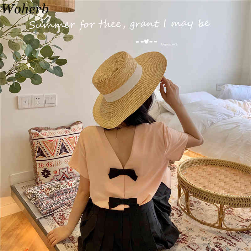 T Shirt Women Spring Summer Bow Patch Korean Fashion Solid Short Sleeve Pink T-shirts Sweet Tops Ropa Mujer 210519