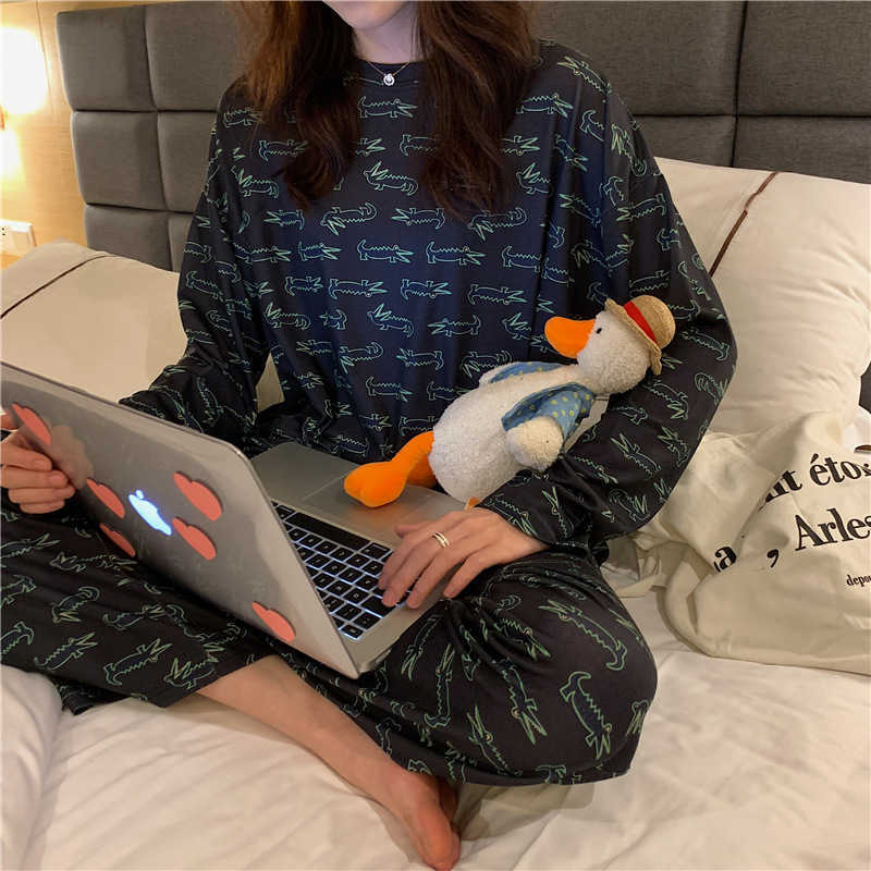 SLPBELY Pajamas Set Leisure wear Women Pyjamas Women Sleepwear Night suit Home Wear Women Summer Cartoon Cotton Nightwear 210924