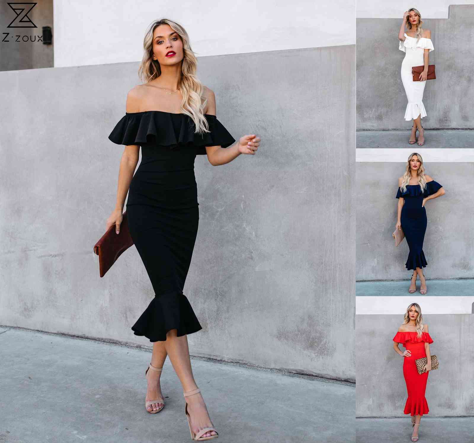 Women Dress Ruffles Slash Neck Sexy Dresses Plus Size Off Shoulder Black White Red Mermaid Summer Clothes 210513