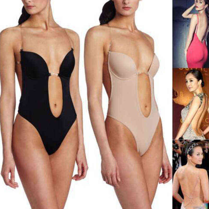 Women Seamless Backless Bodysuit Underwear Sexy Lingerie Invisible Bra Slimming Body Shaper Plunge Deep Cut Bras Strap Brassiere 211116