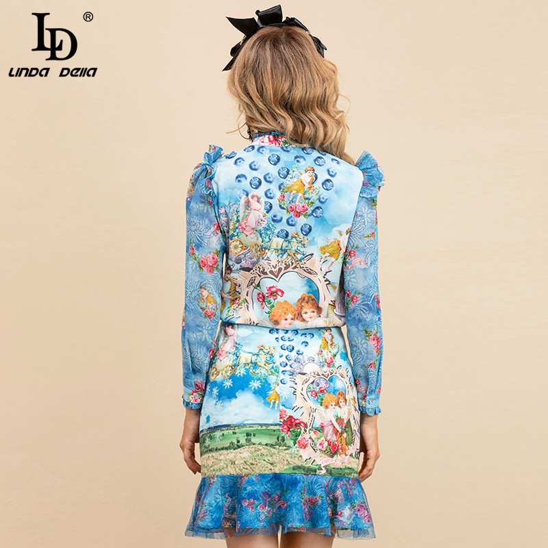 Autumn Fashion Runway Short Skirt Sets Women's Long sleeve Print Shirt and Slim Mermaid Skirts Two Piece Suit 210522