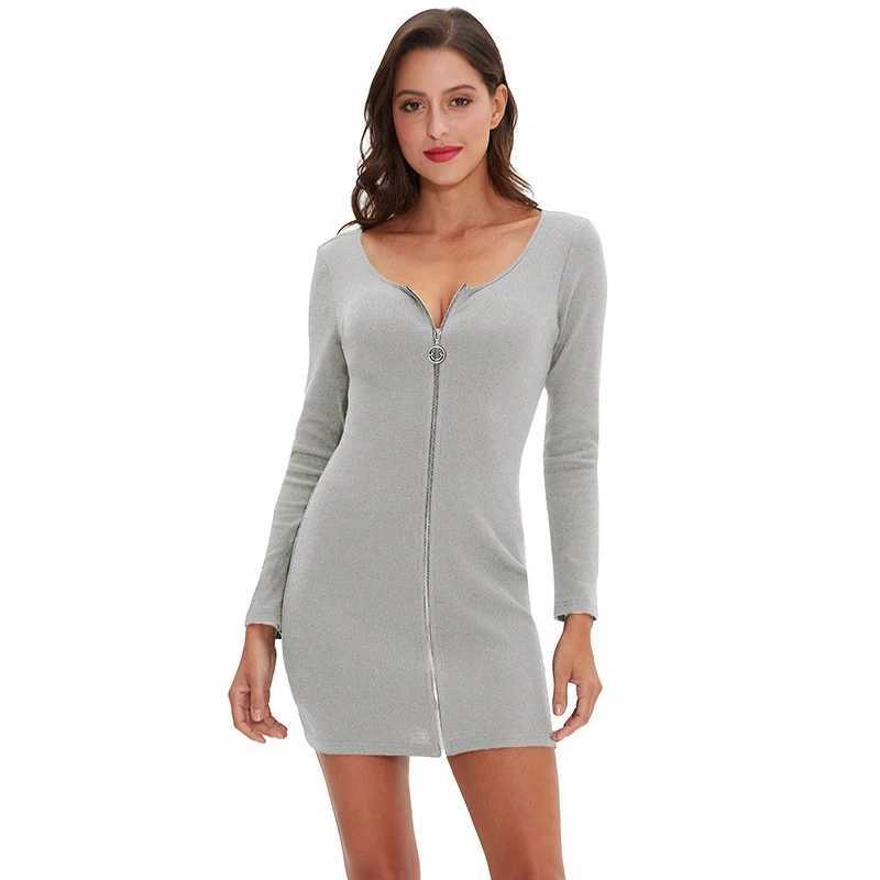 Fashion Cotton Autumn Women Dress Casual Long Sleeve Full Zipper Elastic Bodycon Lady Dresses M30128 210526