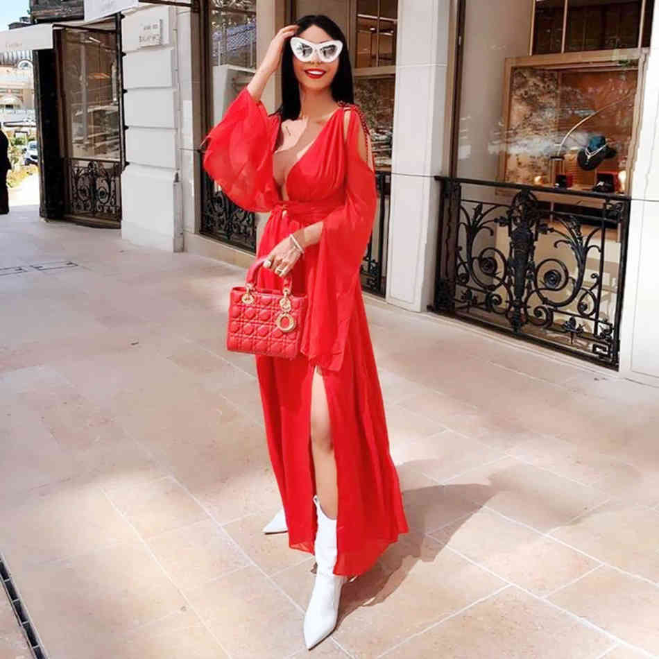 Free Autumn Women's Mesh Dress Red Long Sexy V-neck Sleeve Halter High Waist Party Dresses Vestidos 210524