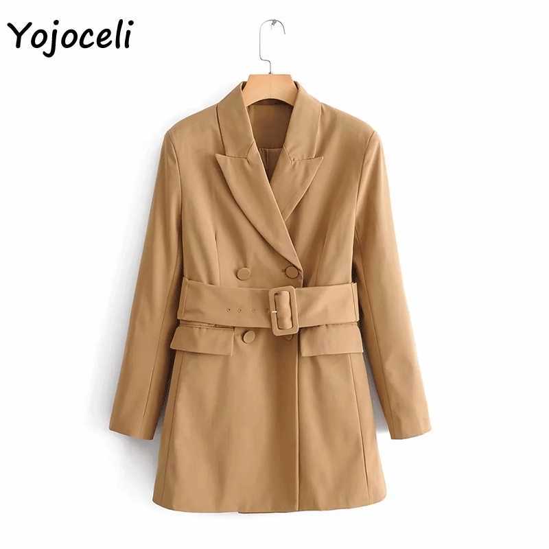 Yojoceli trendy elegant sashes double breasted blazers work day jackets outerwear coats streetwear 210609