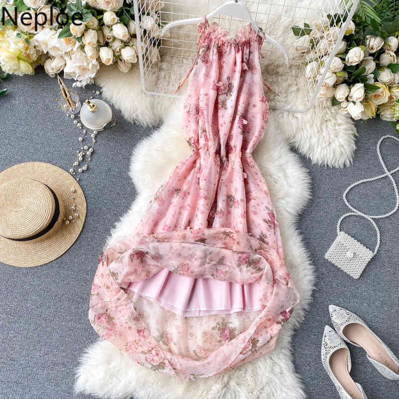 Korean Chic High Waist Hip Holiday Beach A Line Dress O Neck Sleeveless Flower Print Halter Vestido Bohemian Ropa 49447 210422