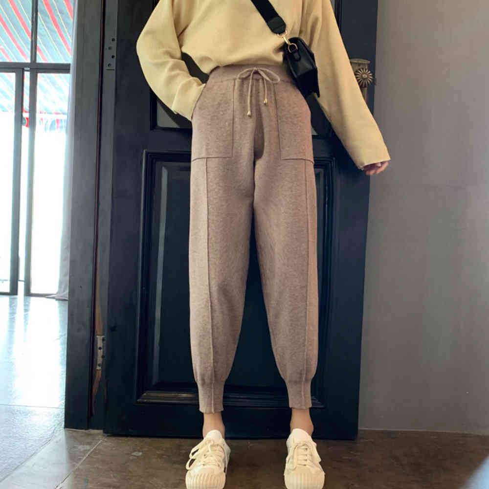 Chic Autumn Winter Drawstring Harem Pants Women Sweatpants Female Loose Trousers Knitted With Pockets Radish pants 210428