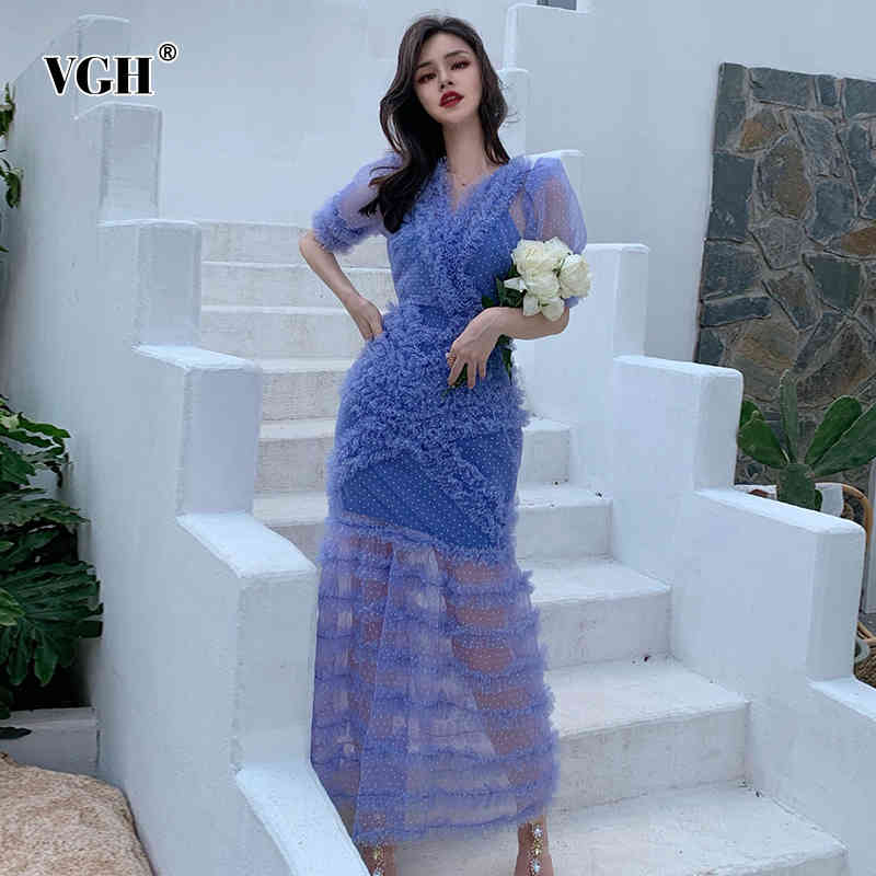 VGH Patchwork Mesh Dot Dress For Women V Neck Short Sleeve High Waist Hit Color Summer Dresses Female Fashion New Tide Clothing 210421