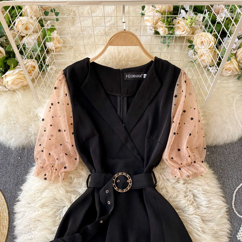 Korean Spring Fashion Mesh Stitching Dress Women V Collar Thin Short Sleeve Elegant A-line Clothes Vestidos R195 210527