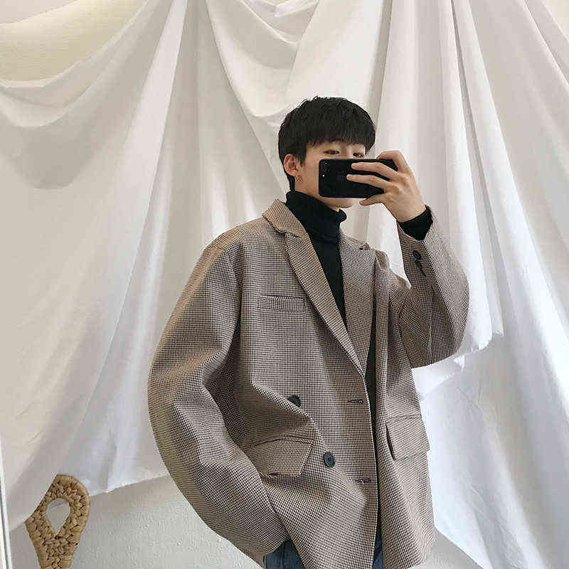 Spring Men's Casual Blazers Suit Jackets Clothes Single Western Loose Coat Fitted Cotton Lattice Printing Outerwear S-XL 211120