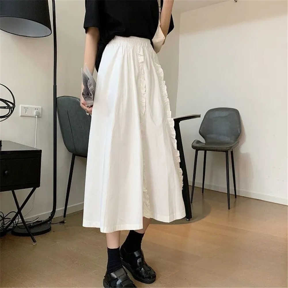 Sweet Japanese Ruffled Pleated Skirt Women High Waist BF Loose Casual Long Skirt Black White Summer Wild Student Streetwear 210619wtt
