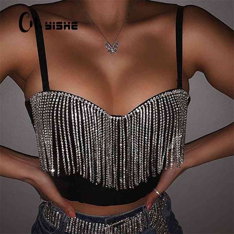 

CNYISHE Fashion Sexy Clubwear Diamond Tassel Crop Tops Sleeveless T Shirts Slim Lady Bralette Strap Skinny Female Tee 210720, Black