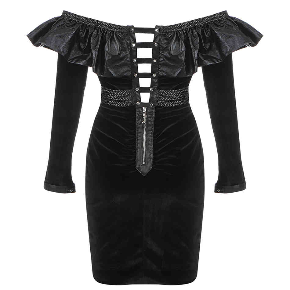Free Autumn Women's Velvet Dress Sexy Strapless Long Sleeve Ruffled V-neck Bodycon Mini Club Party 210524