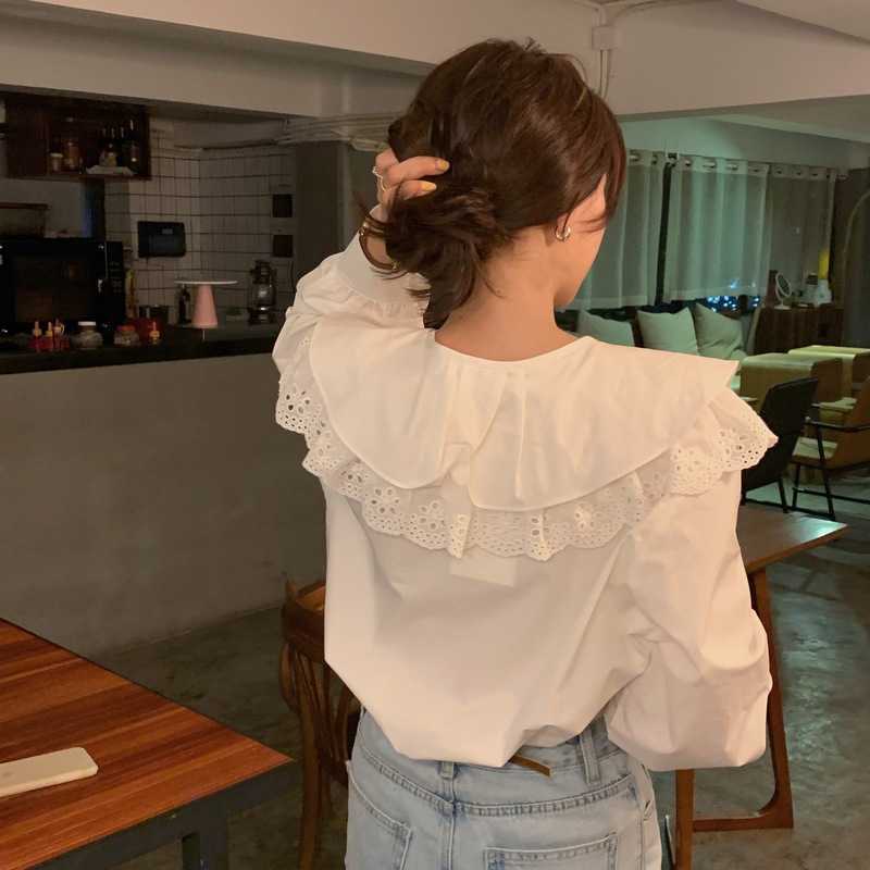 Lace Ruffle Double Up Peter Pan Collar Blouse Tops Spring Women Shirt Causal Sweet Blusas Mujer 6F684 210603