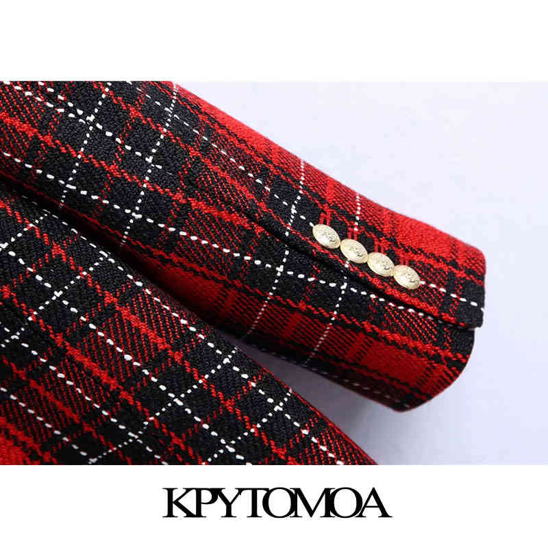 Women Fashion Double Breasted Check Blazer Coat Long Sleeve Pockets Female Outerwear Chic Veste Femme 210420