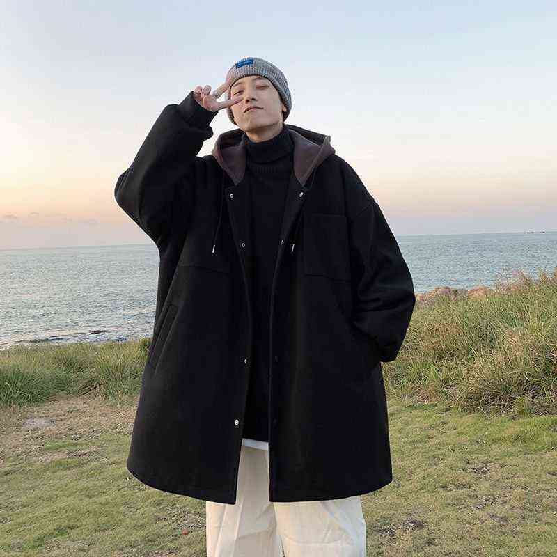 Hooded woolen coat men winter clothe thick loose casual jacket Hong Kong style Preppy handsome unisex mid-length windbreaker 211122