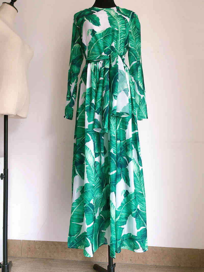 Summer Vacation Bohemian Long Beach Dresses Women Elegant Ruffles Sleeve Green Print Chiffon Maxi Dress Female 210421