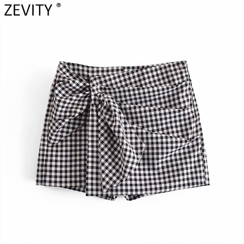 Zevity Women Vintage Plaid Print Bow Tied Casual Slim Bermuda Shorts Female Chic Side Zipper Summer Pantalone Cortos P1087 210714
