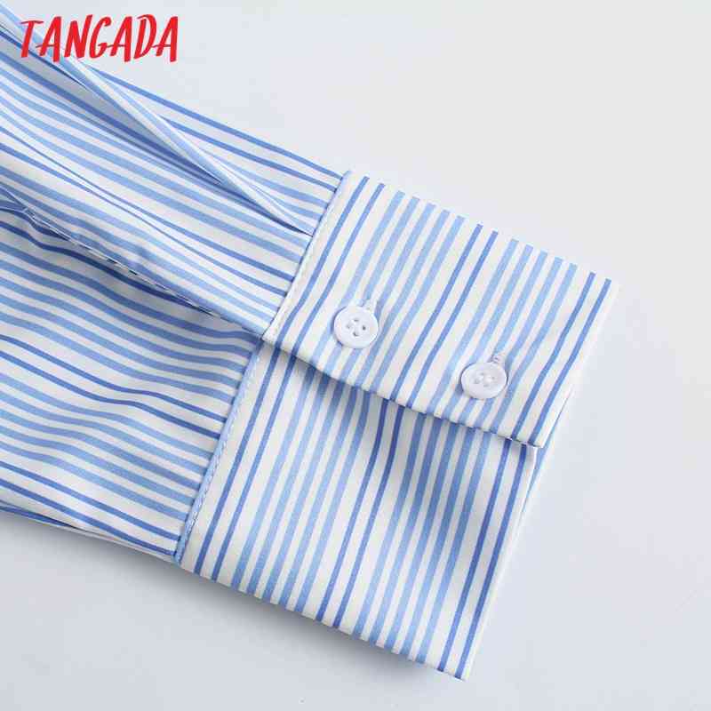 Fashion Women Blue Striped Print Shirt Long Sleeve Ladies Oversized Midi Dress 5Z97 210416
