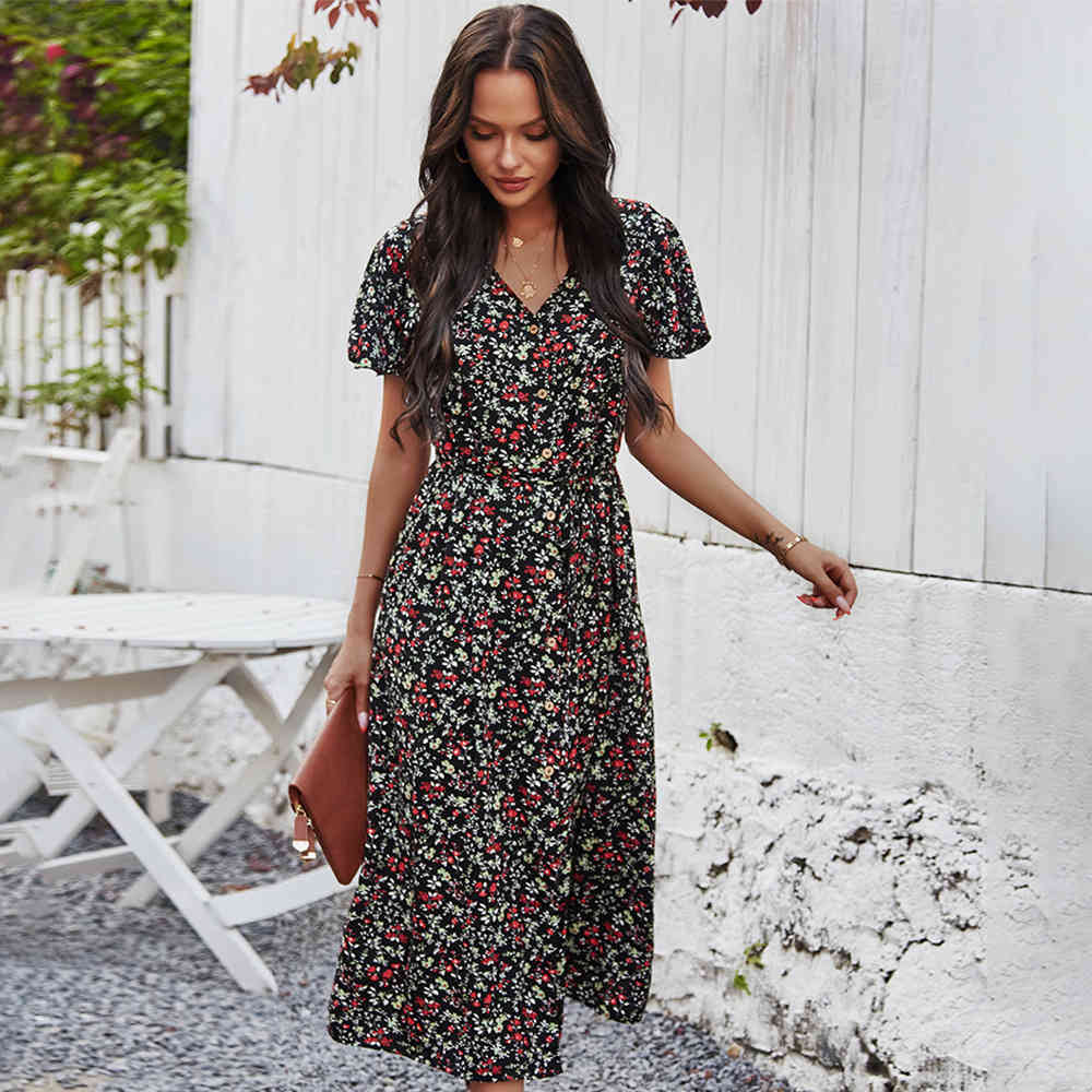 Beho printed women dress Summer Short Regular Sleeve V-Neck elastic waist Buttoned Printing Casual long Dress for female 210524