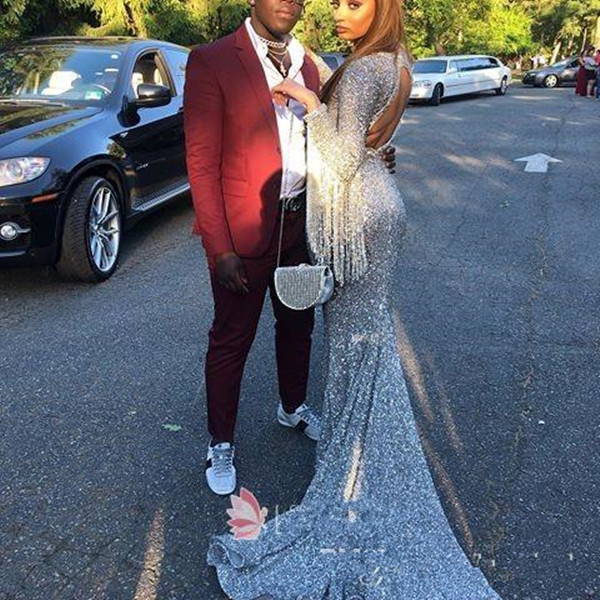 Glitter Sequin Mermaid Tassel Sier Prom Dresses Long Sleeves Plus Size Deep V-Neck African Graduation Party Gowns Formal Dress 0431