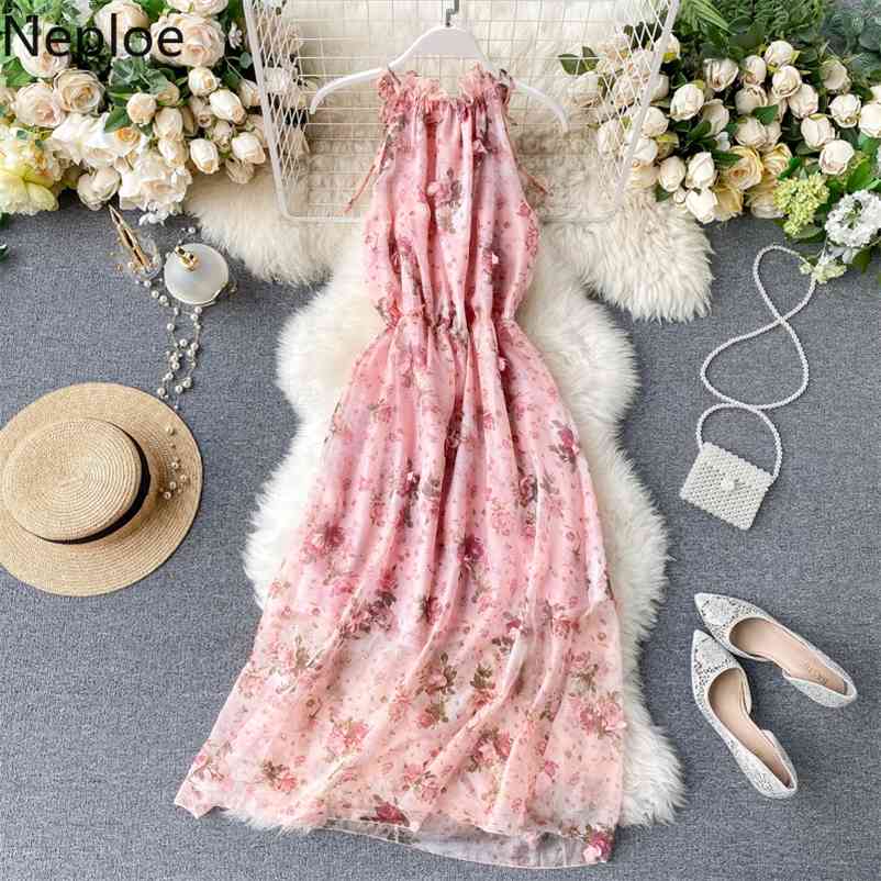 Korean Chic High Waist Hip Holiday Beach A Line Dress O Neck Sleeveless Flower Print Halter Vestido Bohemian Ropa 49447 210422