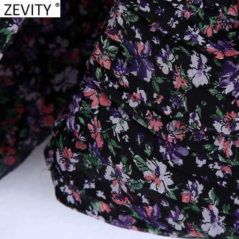 Zevity Women Vintage V Neck Floral Print Chiffon Smock Blouse Office Lady Cascading Ruffle Short Shirts Chic Blusas Tops LS7409 210603