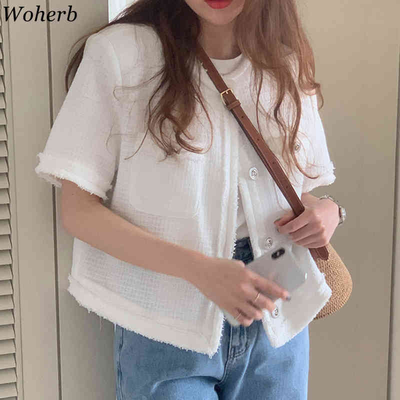 Tweed Korean Vintage Women Coat Summer Short Sleeve O-neck Single Breasted Pockets Ladies Fashion Jacket Tops Femme 210519