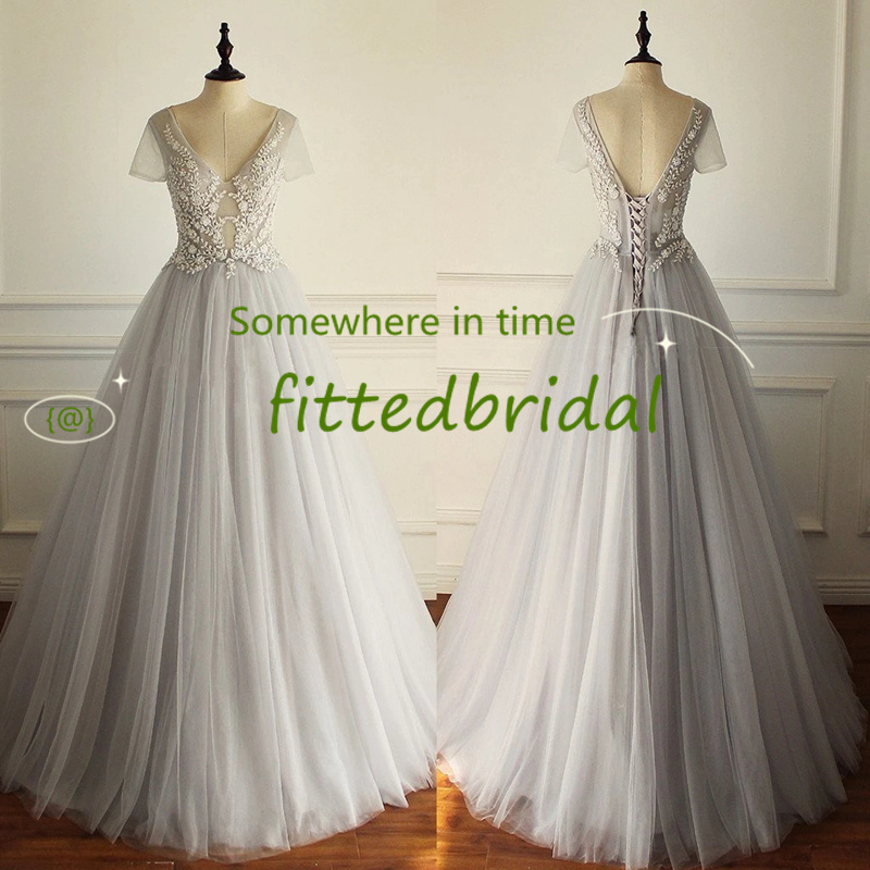 Cap Sleeves Wedding Dresses Bridal Gowns Lace Applique Berta Bohemian Spaghetti Straps V-Neck Backless Floor Length Real Image, Champagne 
Cap Sleeves Wedding Dresses Bridal Gowns Lace Applique Berta Bohemian Spaghetti Straps V-Neck Backless Floor Length Real Image, Champagne