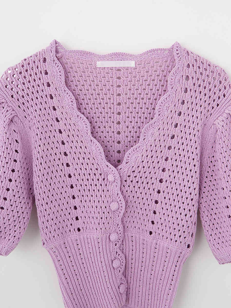 Women Fashion Sexy V-Neck Hollow out Crochet Knitted Cardigan Female Korea Summer Puff Sleeve Casual Tops 210518