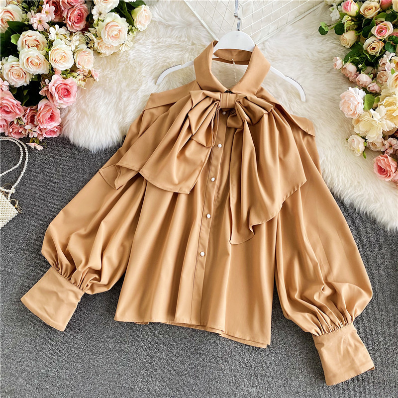 Nomikuma Sweet Bow Tie Halter Top Blouse Causal Long Sleeve Strapless Shirt Spring New Korean Blusas Mujer De Moda 6D830 210427