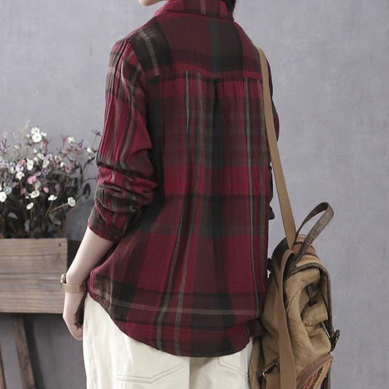 Spring Arts Style Women Long Sleeve Loose Vintage Plaid Shirts All-matched Casual Turn-down Collar Blouse Ladies Tops S661 210512