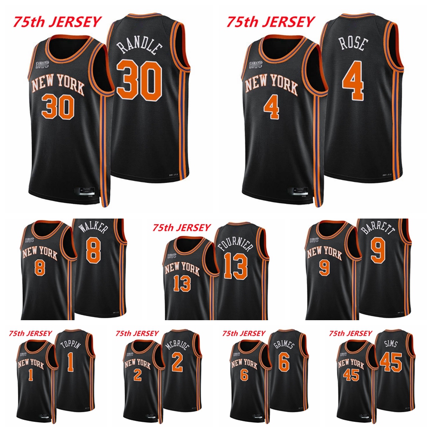 New YorkKnicksMen Julius Randle Derrick Rose Kemba Walker Evan Fournier RJ Barrett McBride Sims Grimes 2021/22 75th Anniversary Black City Basketball Jersey
New YorkKnicksMen Julius Randle Derrick Rose Kemba Walker Evan Fournier RJ Barrett McBride Sims Grimes 2021/22 75th Anniversary Black City Basketball Jersey