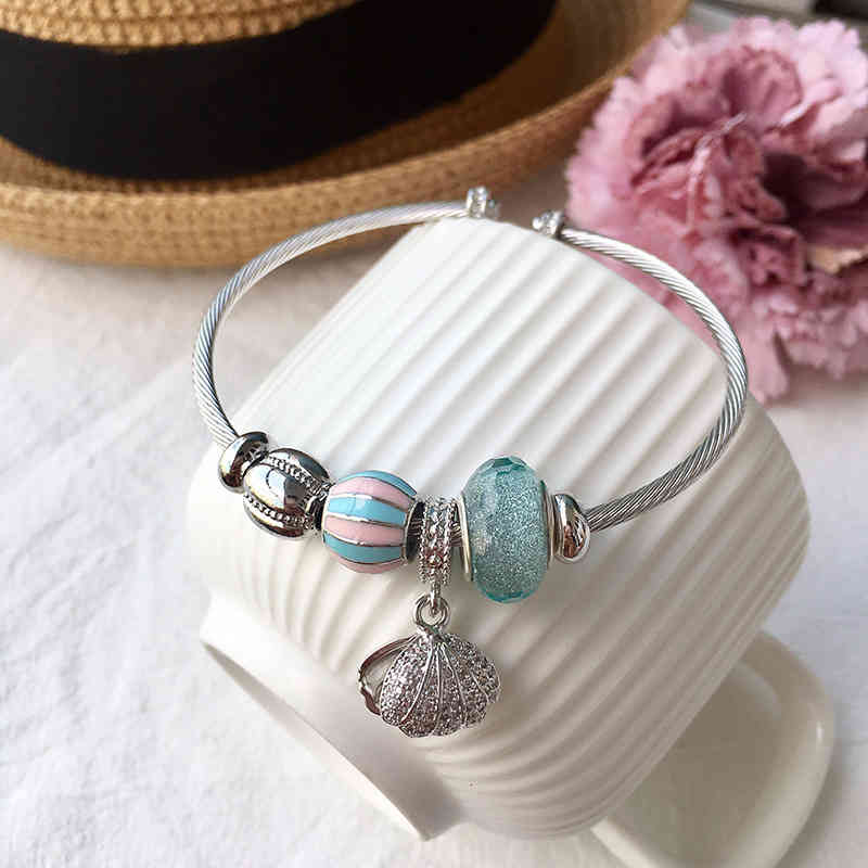 Charm Bracelets 56 Fashion Accessories Summer Dream Shell Pearl Transhipment Blue Crystal Open Bracelet